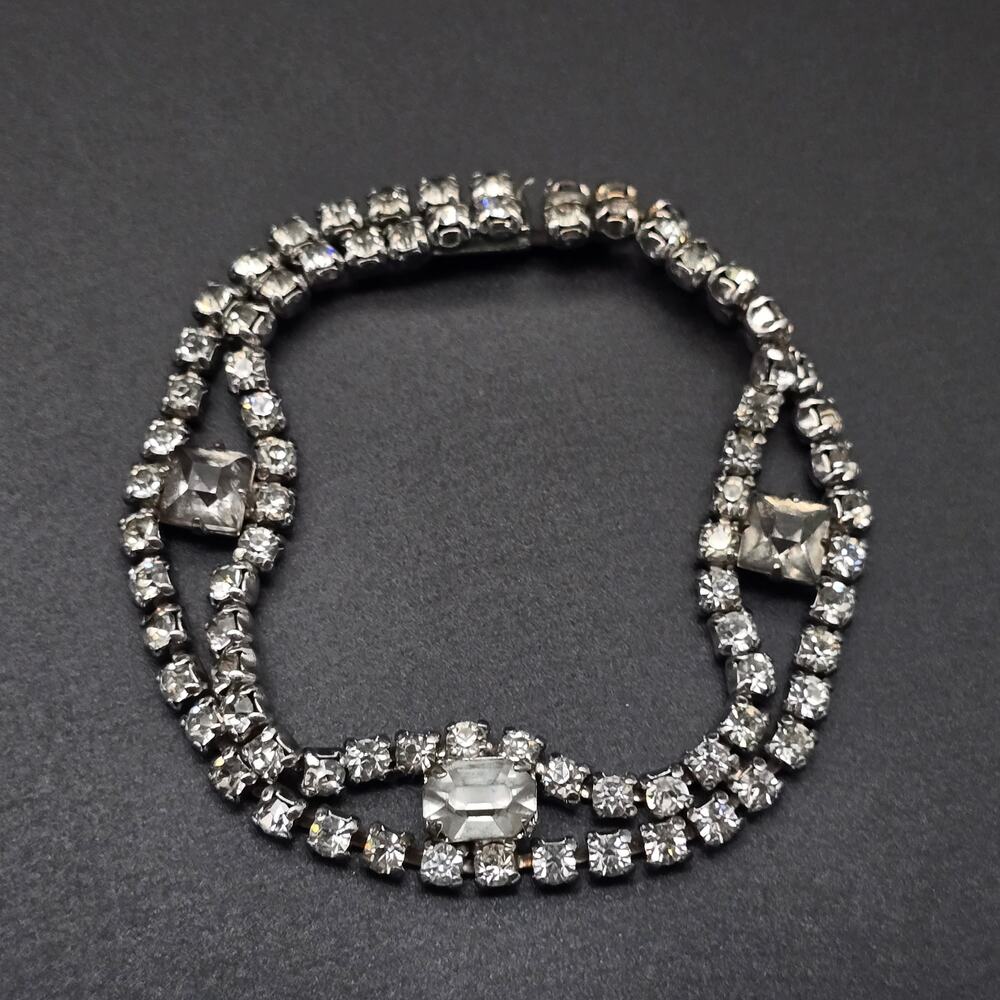 Vintage Rhinestone Bracelet Clear Silver Tone Glam Costume Jewelry